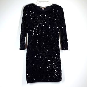 LOVE21 Forever 21 Black Velvet Sequin Mini Dress Medium 3/4 Sleeve Party Dress